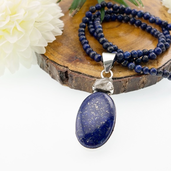 Genuine Herkimer Diamond and Lapis Lazuli Pendant Vintage Southwest Boho 925 - Picture 7 of 9